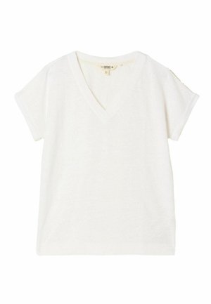 Bílé bavlněné tričko s krátkými rukávy a výstřihem do V, volnějšího střihu s malým knoflíkem na levém rameni.