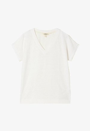 Bílé bavlněné tričko s krátkými rukávy a výstřihem do V, volnějšího střihu s malým knoflíkem na levém rameni.