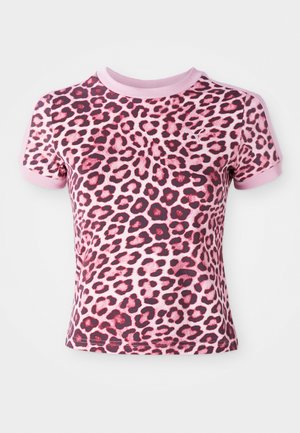 Pink leopard print t-shirt with short sleeves, featuring a rounded neckline and contrasting pink cuffs, made from soft, stretchy material.