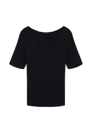 Haut en tricot noir côtelé avec un décolleté plongeant et des manches courtes, présentant une coupe ajustée et une texture lisse. L'étiquette indique "CALLIOPE."