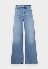 Light blue wide-leg denim jeans with a high waist, featuring front pockets and seam detailing running vertically down the legs.