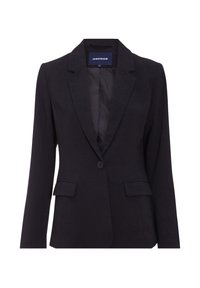 Blazer negro con solapa muestrera, cierre de un solo botón y dos bolsillos delanteros. Hecho de una tela suave con un ajuste entallado.