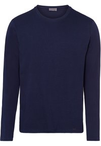 Mörkblå långärmad t-shirt i mjukt bomull, med rund halsringning och rak fåll. Diskret varumärke nära den nedre fållen.