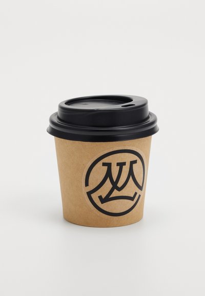 Brown cardboard coffee cup with a black plastic lid, featuring a circular logo in black on the side. Simple, cylindrical design.