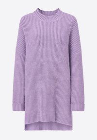 Lichtpaarse gebreide trui met een ronde hals, lange mouwen en geribbelde boorden. Heeft een losse pasvorm en een getextureerde afwerking.