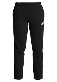 Schwarze Sweatpants aus weichem Stoff; sie verfügen über einen eng anliegenden Bund und ein kleines weißes Puma-Logo am linken Bein. Gerades Bein-Design.