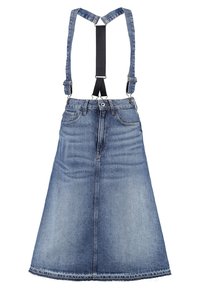 Denim A-linjeformad kjol med justerbara blå denimhängslen och svart elastisk rem, framknapp och fickor.