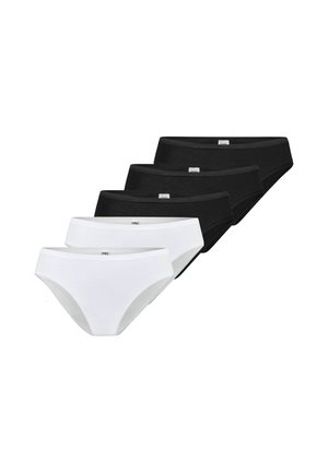 Zwei weiße und drei schwarze Damen-Bikini-Unterwäsche, versetzt in einer Reihe auf weißem Hintergrund angeordnet.