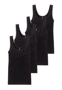 Set of four black tank tops made from soft fabric, featuring a rounded neckline and lace detail under the collar.