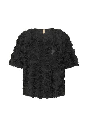 Black short-sleeve blouse covered in layered fabric roses with a round neckline and slightly puffed sleeves.