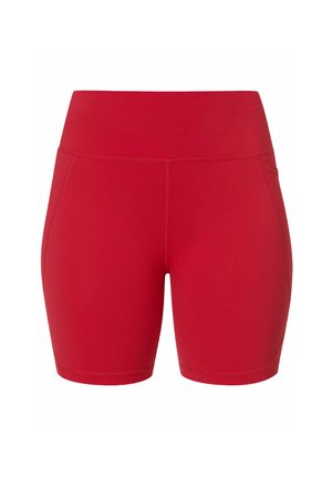 Rode sportshorts met een gladde, rekbare textuur, voorzien van een hoge tailleband en zijnaden. Ontworpen voor comfort en bewegingsvrijheid.