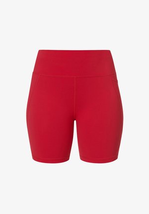 Rode sportshorts met een gladde, rekbare textuur, voorzien van een hoge tailleband en zijnaden. Ontworpen voor comfort en bewegingsvrijheid.