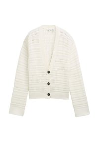 Weißer gestrickter Cardigan mit V-Ausschnitt, der ein strukturiertes Muster und drei schwarze Knöpfe an der Vorderseite aufweist. Lange Ärmel mit gerippten Abschlüssen.