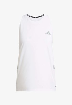 Camiseta deportiva blanca sin mangas para correr con el logo de Adidas en el pecho y texto "Running" en la banda interior del cuello.