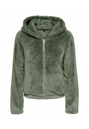 Groene, zachte zip-up hoodie gemaakt van pluche materiaal. Voorzien van een capuchon, geribbelde manchetten en een elastische tailleband. Eenvoudig ontwerp zonder extra patronen.