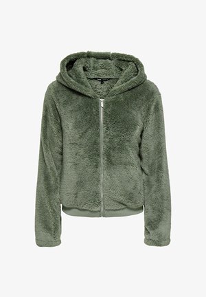 Zeleni, pufasti hoodie sa patentnim zatvaračem, izrađen od mekanog materijala. Ima kapuljaču, rebraste manžete i donji rub. Jednostavan dizajn bez dodatnih uzoraka.