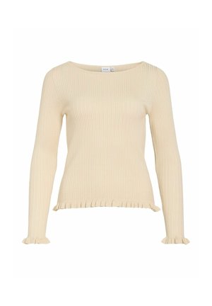 Pull crème à manches longues côtelé avec encolure ronde, poignets à volants et détail de bordure à volants.