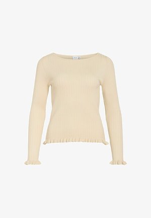 Flødefarvet ribstrikket langærmet sweater med rund halsudskæring, flæsekant ved ærmerne og flæsedetaljer i kanten.