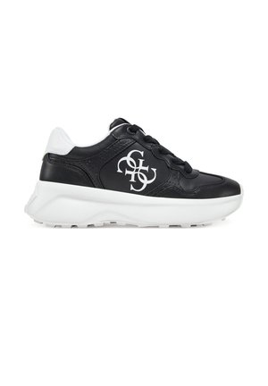 Scarpa da ginnastica bassa nera con suola bianca spessa, tallone bianco, lacci neri e logo intrecciato bianco sul pannello laterale.