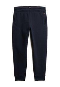 Marineblauwe joggingbroek van zacht materiaal met een elastische tailleband, twee zijzakken en geribbelde boorden; is voorzien van het geborduurde merkteken op het been.