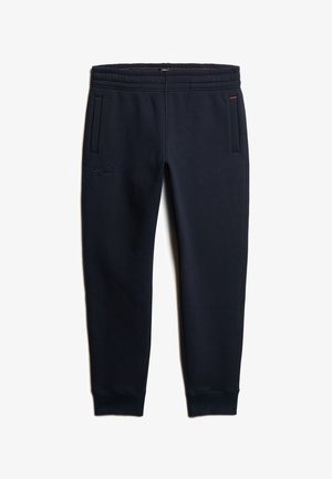 Granatowe dresy wykonane z miękkiego materiału, z elastycznym pasem, dwoma bocznymi kieszeniami i ściągaczami na nogawkach; posiadają wyszywane logo marki na nodze.