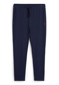Navyblauwe sweatpants met een elastische tailleband, trekkoord en zijzakken. Heeft een klein rood logo op het linkerpoot. Zachte textuur.