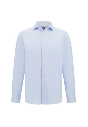 Camisa de botones de color azul claro con mangas largas, un cuello puntiagudo y un sutil patrón a cuadros. Confeccionada con una suave tela tejida.