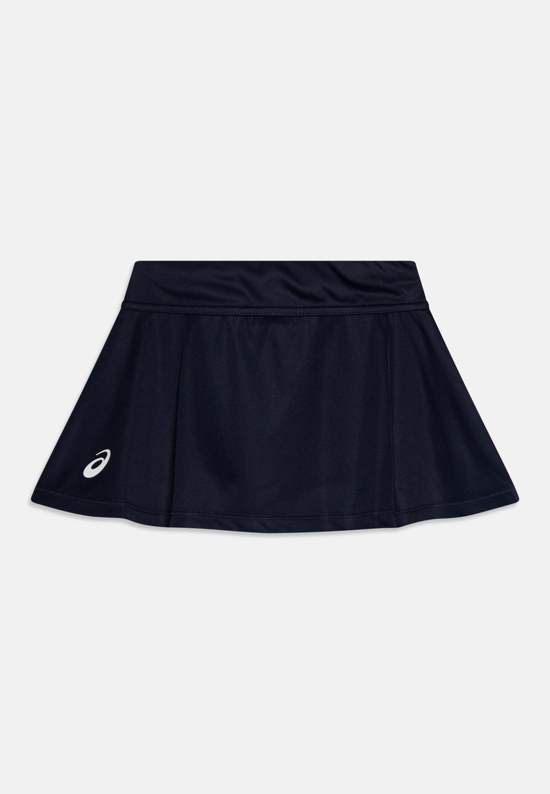 Navy athletic skirt made of stretchy fabric, featuring a flared design, elastic waistband, and a white logo at the lower left hem.