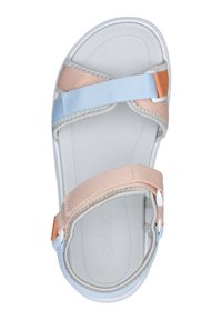 Lightweight sandals featuring a white base, pink and blue straps, and textured footbed. Includes adjustable closures and soft materials.