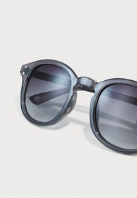 Graue transparente Sonnenbrille mit graduierten dunklen Gläsern, runder Fassung und einer ausgeprägten Brücke. Verfügt über metallische Akzente an den Bügeln.