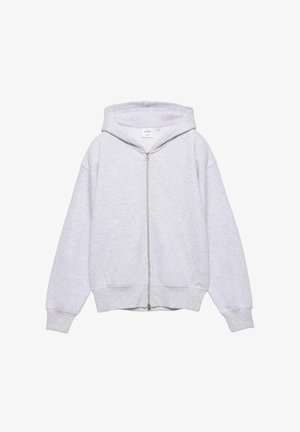 Sivi pamučni duks na patentni zatvarač s kapuljačom na vezice, džepovima poput kengura te rebrastim manšetama i rubom. Mekana tekstura i opušten kroj.