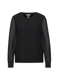 Maglietta nera a maniche lunghe con scollo a V, corpino uniforme e maniche in tessuto trasparente con polsini elasticizzati. Tessuto liscio in tutto.