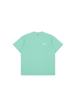 Mint green cotton t-shirt with short sleeves, crew neckline, and white logo on the left chest. Straight hem and relaxed fit.