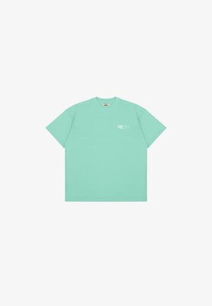 T-shirt de algodão verde menta com mangas curtas, decote redondo e logotipo branco no lado esquerdo do peito. Barra reta e ajuste descontraído.