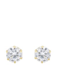 Ett par runda klara ädelstensörhängen som är inställda i sexklor i gult guld mot en vit bakgrund.