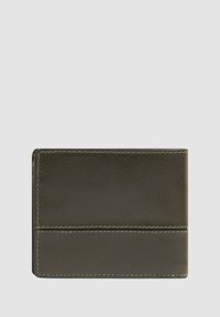 Dark green leather bifold wallet with visible stitching and a smooth textured surface against a plain background.