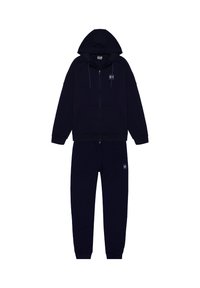 Marineblaue Zip-Hoodie mit Kordelzug, Seitentaschen und passenden Jogginghosen. Hergestellt aus weichem Stoff mit einem Logopatch auf der Brust und dem Bein.