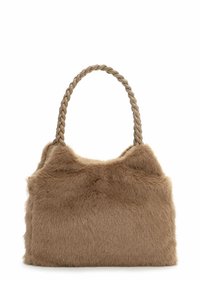 Brown faux fur handbag with braided leather handle, soft texture, and rectangular shape.