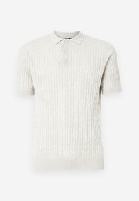 Ljusbeige kortärmad polo med strukturerad stickad väv, med en ribbad krage och en placket med fyra knappar.