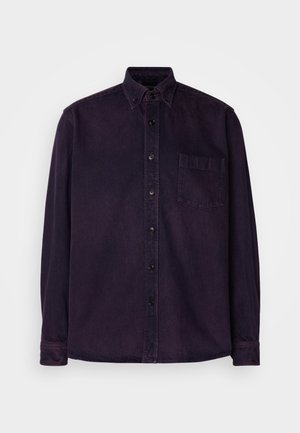 Dark purple button-up shirt made of cotton with a chest pocket, classic collar, long sleeves, and black buttons. Smooth texture.