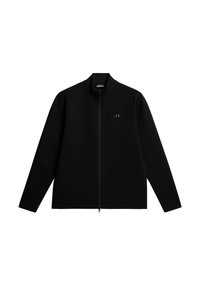 Svart zip-up jacka med ståkrage, tillverkad av ett texturerat material. Har en subtil logotyp på vänster bröst och långa, raka ärmar.