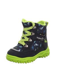 Stivali per bambini di colore blu scuro con accenti verdi, caratterizzati da una parte superiore testurizzata, motivi colorati e una suola robusta per la trazione.