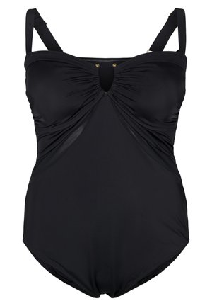 Schwarzer Einteiler-Badeanzug mit gerafftem Stoff am Brustbereich, einem Schlüssel- ausschitt und doppelten verstellbaren Trägern. Glattes, dehnbares Material.