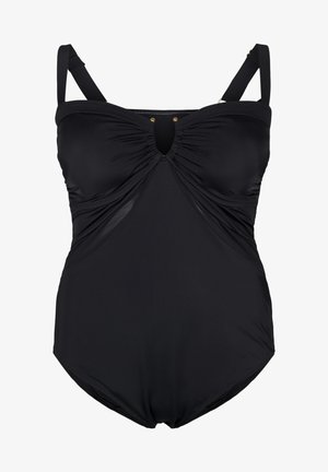 Schwarzer Einteiler-Badeanzug mit gerafftem Stoff am Brustbereich, einem Schlüssel- ausschitt und doppelten verstellbaren Trägern. Glattes, dehnbares Material.