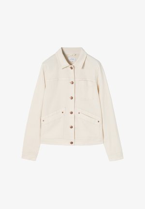 Kremkrāsas džinsu jaka ar klasisku apkakli, pogu priekšpusi, divām sānu kabatām un vienu krūšu kabatu. Vara tonī pogas un šuvju detaļas.