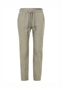 Khakifärgade linnebyxor med elastisk midja, dragsko, avsmalnande ben och en slät struktur. Inga synliga fickor.