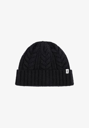 Black knitted beanie with a cable pattern and a ribbed cuff. Features a small brand label on the side. Soft texture and warm appearance.