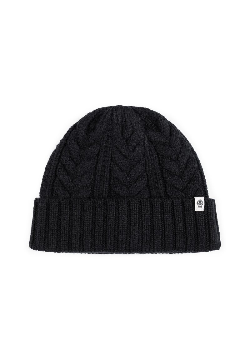 Black knitted beanie with a cable pattern and a ribbed cuff. Features a small brand label on the side. Soft texture and warm appearance.