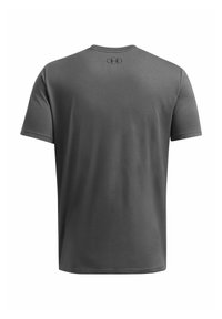 Grå kortærmet T-shirt lavet af bomuldsblandingsstof, rund halsudskæring, ensfarvet design, med et lille logo øverst på ryggen.