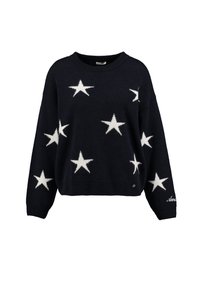 Maglione navy in materiale morbido con motivi a stella bianchi, scollatura a girocollo, maniche lunghe e orlo aderente con un piccolo logo.